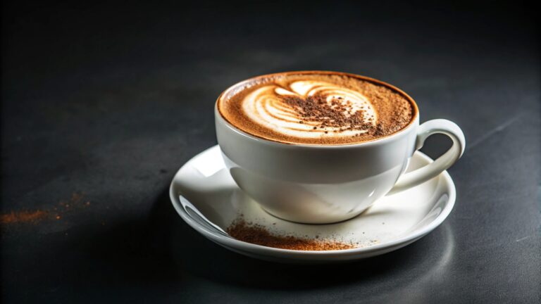 A cup of cappuccino with a heart design in the foam, sprinkled with cocoa powder, sits on a white saucer on a dark background
